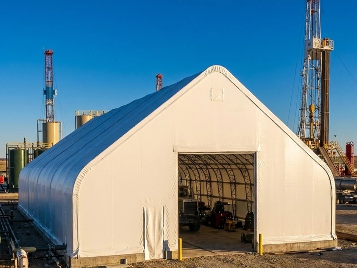 MAX Industrial 80' × 80' × 37' fabric building, 80-foot clear-span, 37-foot peak, 900g cover, Double-Trussed Standard galvanized steel frame